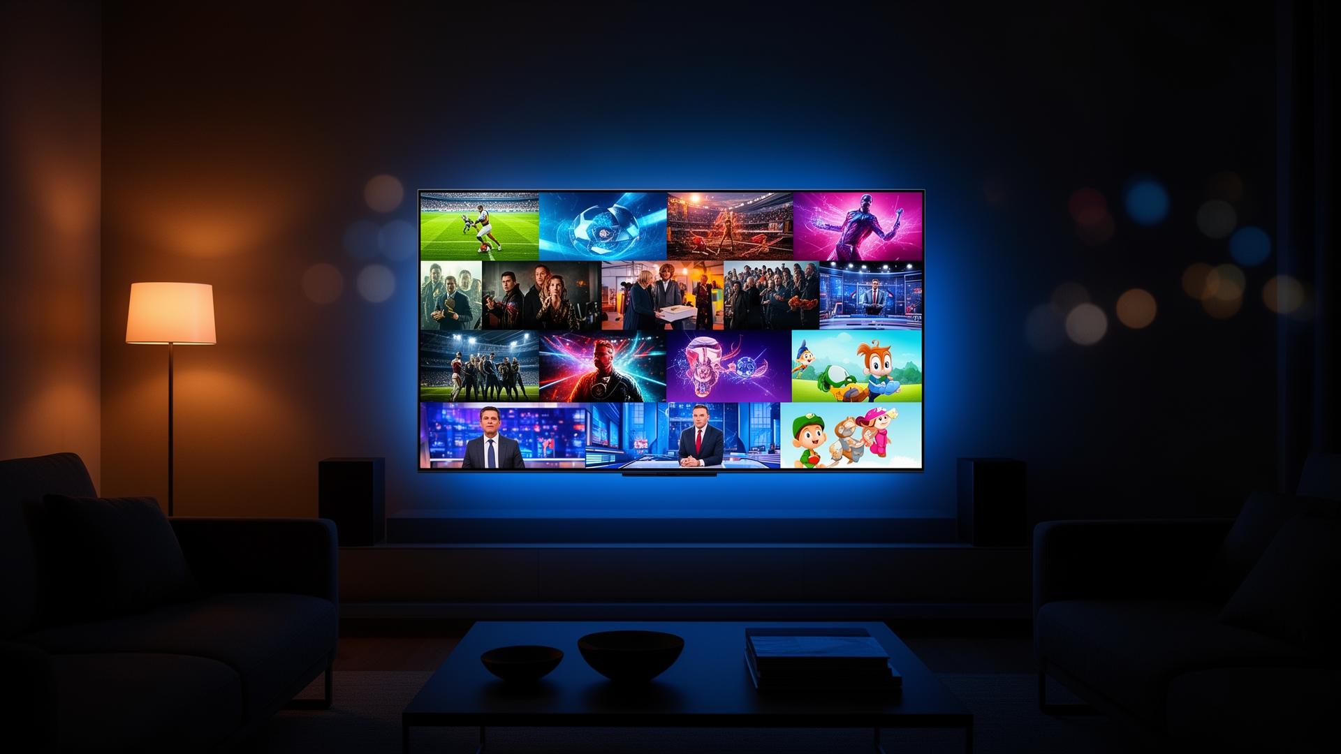 Smart TV moderna exibindo IPTV com canais ao vivo, filmes e séries em alta definição